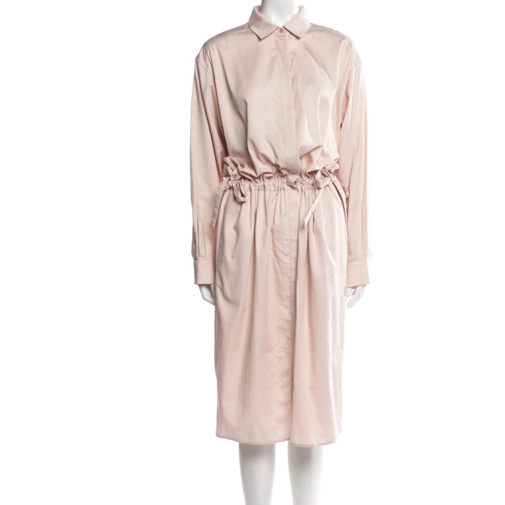 Jil sander cotton poplin long sleeve midi pink dress with tie bow at waist S